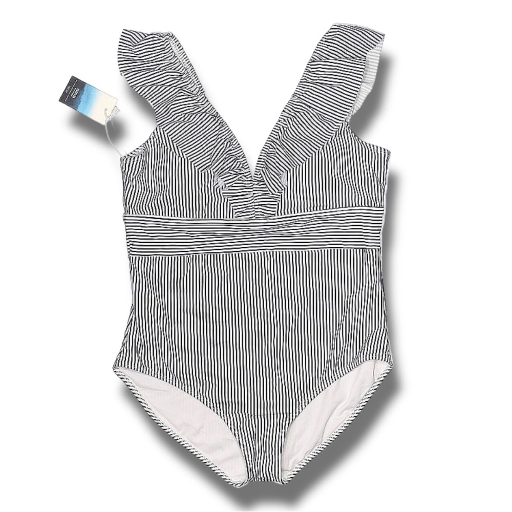 Aava Oceane Retro One Piece Swimsuit Navy White Strip Padded V-neck Size XL NWT